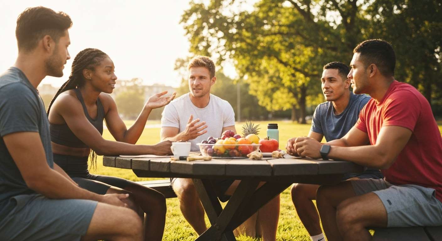 Athletes discussing nutrition outdoors