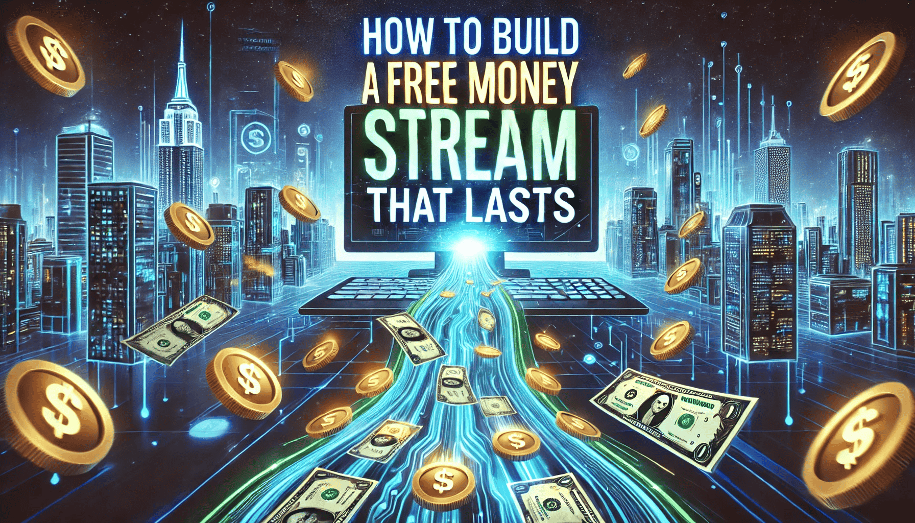 A futuristic digital cityscape glows with neon blue and green lights in the background. In the foreground, golden coins and dollar bills flow like a river from a glowing computer screen, symbolizing passive income. The bold text overlay reads 'How to Build a Free Money Stream That Lasts' in a sleek, modern style.
