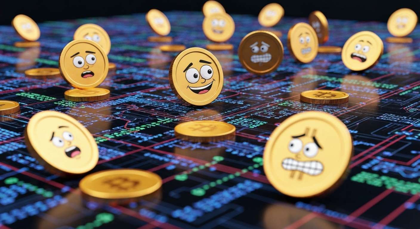 Meme coins floating on blockchain