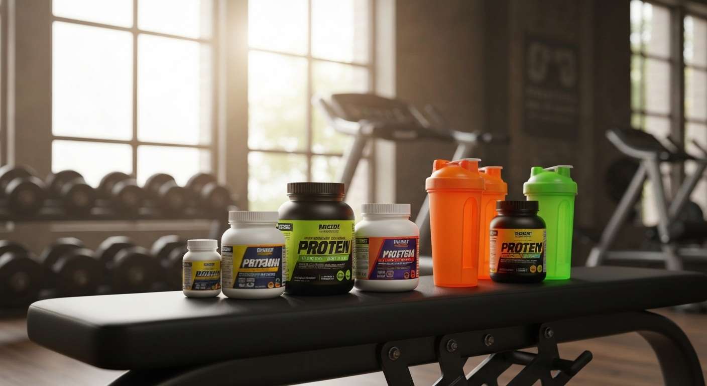 Sports supplements on gym bench