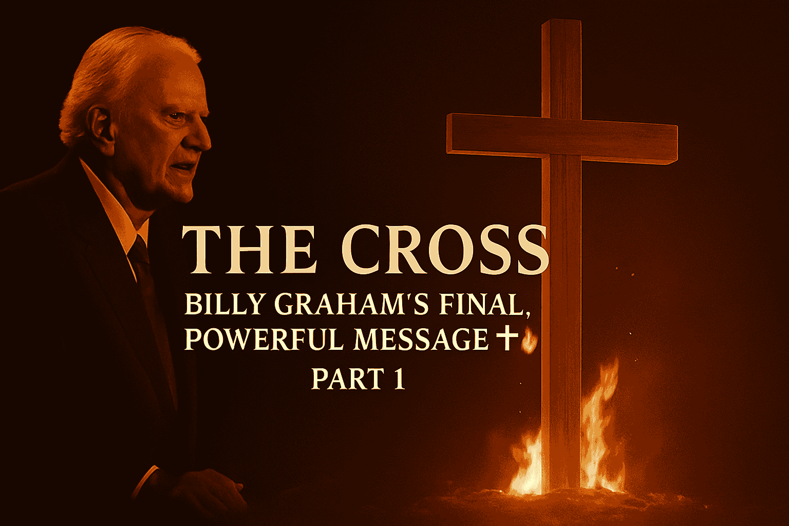 Billy Graham delivering his final powerful message beside a burning wooden cross with the title 'The Cross' in cinematic style